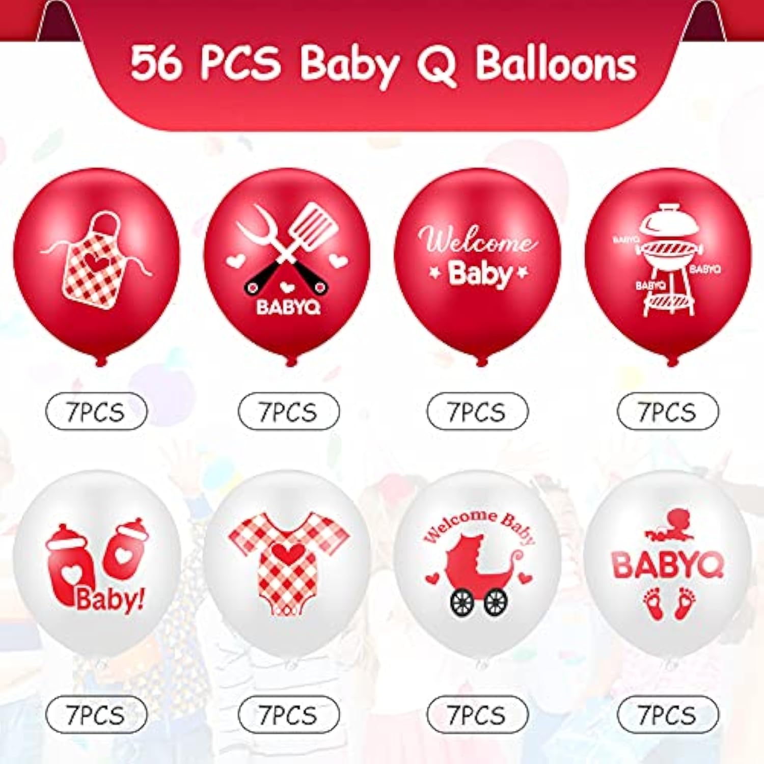 Baby Q Balloons: Red & White Latex Party Decorations - 56pc Set