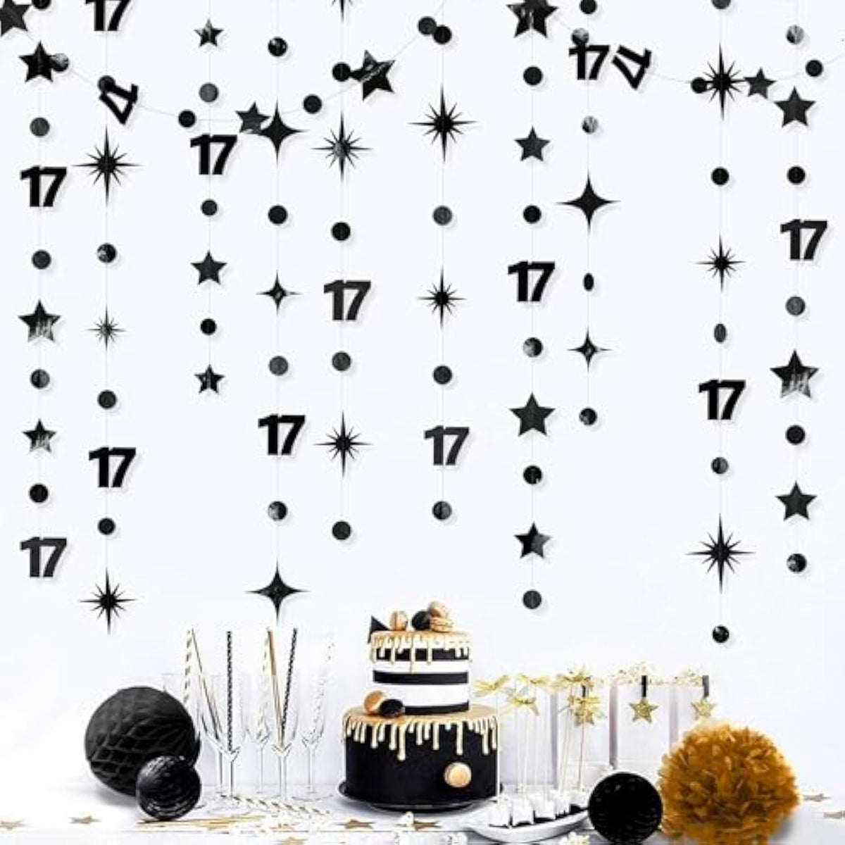 Black 17th Birthday Garland: Metallic Star, Dot & Number Party Decor