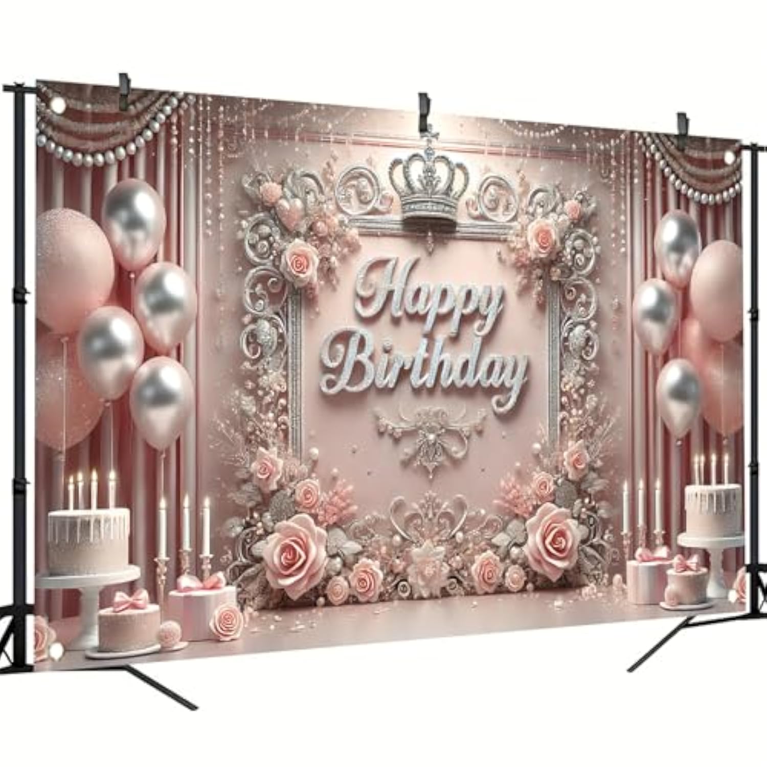 Elegant Pink Princess Birthday Banner Backdrop with Crown & Roses