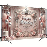 Elegant Pink Princess Birthday Banner Backdrop with Crown & Roses