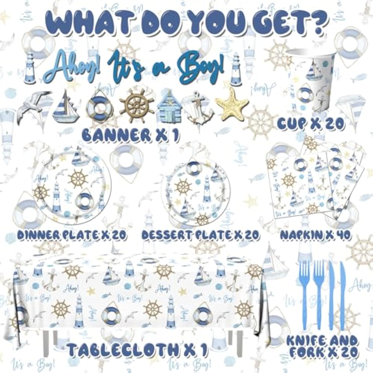 Ahoy Nautical Baby Shower Decorations Tableware - 142Pcs Its A Boy Plates And Napkins Supplies, Party Dinnerware Tablecloth For Sailor Theme Decorations