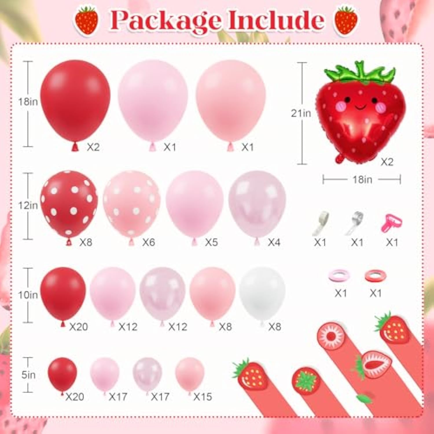 171pcs Strawberry Balloon Arch Kit - Red Pink Decor for Baby Shower & Birthday