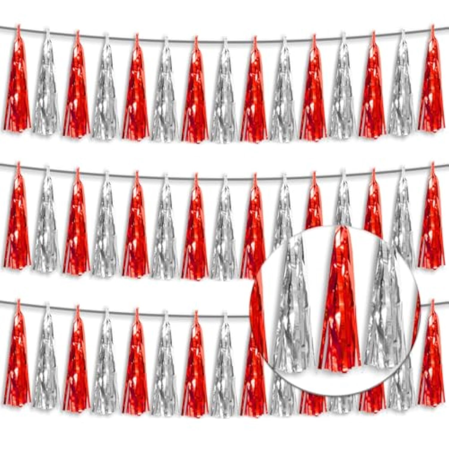 3P Metallic Fringe Tassel Banner Garland Foil Tinsel Streamer Wall Hanging Curtain Backdrop Banner For Parade Floats,Halloween Decorations, Christmas Day, Wedding Party Decoration(Red Silver)