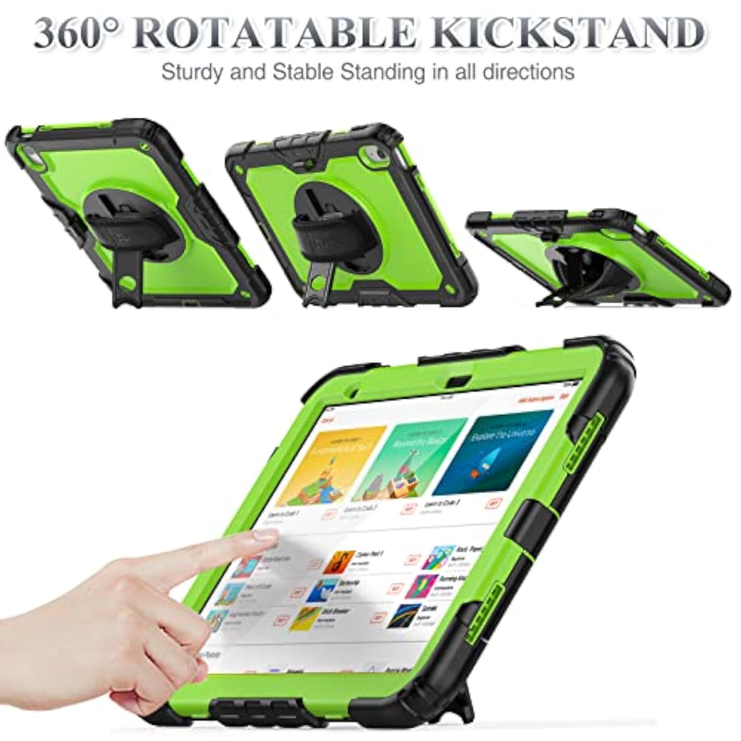 11th/10th Generation iPad (A16) 11''/10.9'' Full-Body Drop Protection Case with Screen Protector & 360° Rotate Hand Strap/Stand, Green and Black