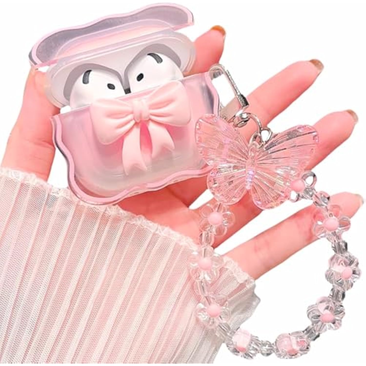 Compatible With Airpods 4 Clear Case,3D Bow Pattern Design With Cute Butterfly Flower Keychain, Soft Tpu Protective Shockproof Case For Airpod 4 For Girls Women-Pink