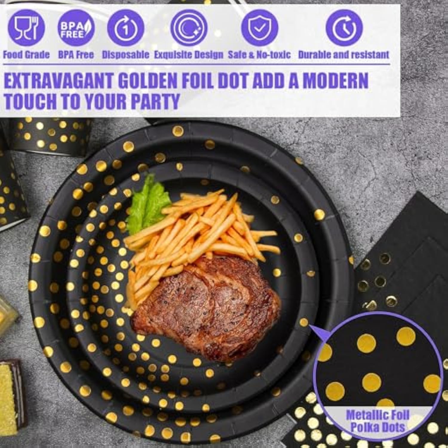 129-Piece Black and Gold Party Dinnerware Set for Events