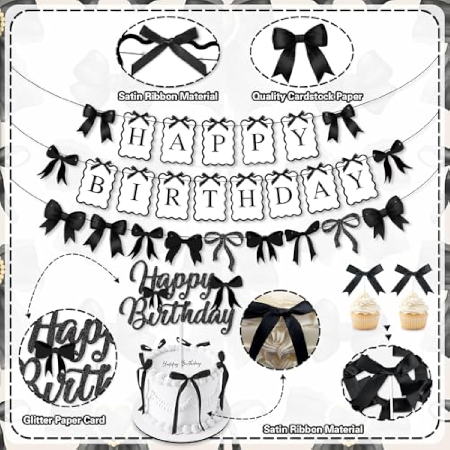Black Bow Birthday Party Decorations, Bows Happy Birthday Banner Garland, Ribbon Bow Cake & Cupcake Toppers, Black White Balloons And Satin Ribbon For Women Girls Bows Party Decor