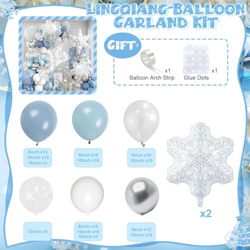 120PCS Winter Wonderland Balloon Arch Garland Kit, Dusty Baby Blue Slate Blue Silver White Snowflake Foil Balloons for Winter onederland Christmas Baby Shower Snow Princess Birthday Party Decorations