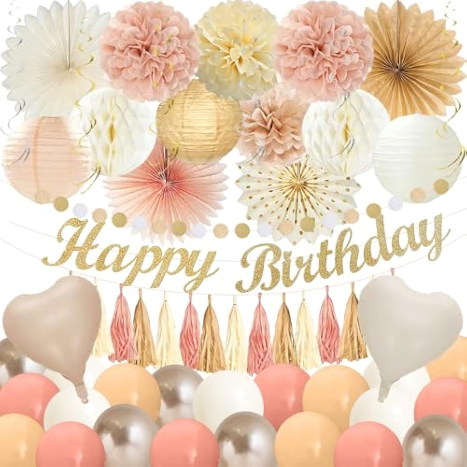 Boho Birthday Decorations, Happy Birthday Banner, Tassel Garland, Peach Paper Lanterns, Tissue Pom Poms Fan, With Beige Dusty Pink Balloon Garland For Women Grils Boho Birthday Decor Party Supplies