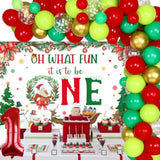 Christmas First Birthday Party Decorations, Xmas Balloon Garland Arch Kit With Oh What Fun It Is To Be One Backdrop For Boys Or Girls Winter Holiday 1St Birthday Party Supplies