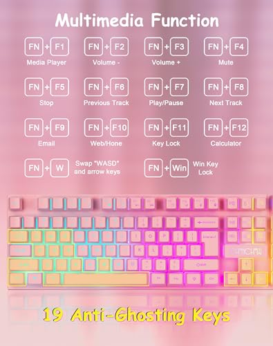 Light Up Cute Pink Gaming Keyboard, 104 Keys Full Size, Number Pad, 19 Keys Anti-Ghosting, Multimedia Function Keys, 3 Colors Led Backlit, Usb Wired Creamy Keyboard For Pc, Computer, Desktop, Laptop