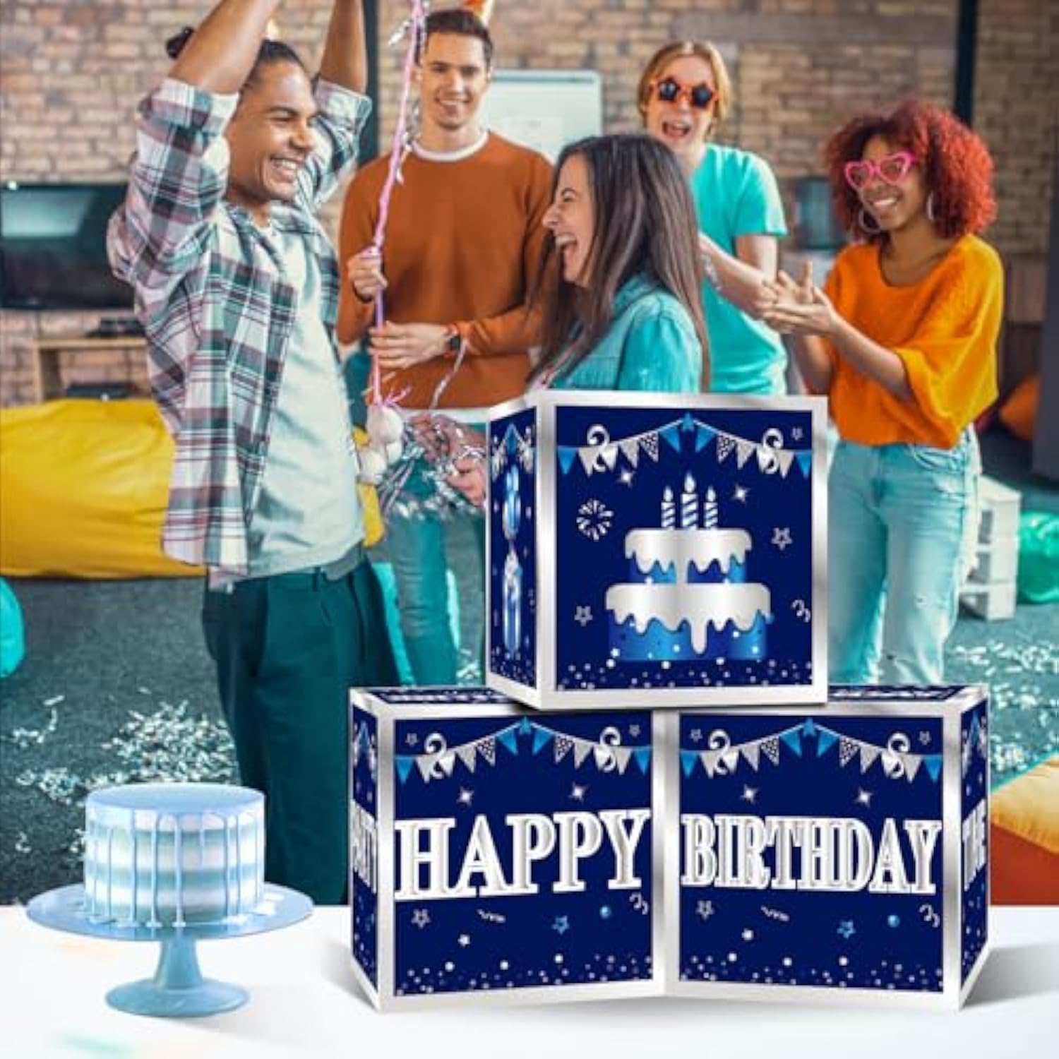 3 Packs Blue Birthday Decorations Boxes For Men Boys, Blue Silver Happy Birthday Balloons Boxes Party Supplies, 16Th 18Th 21St 30Th 40Th 50Th 60Th Bday Cardboard Box Decoration