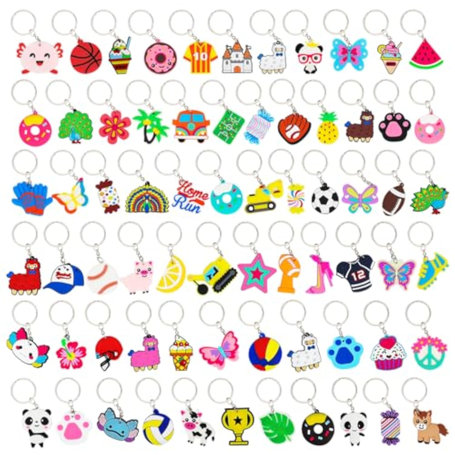 70Pcs Cartoon Keychains Bulk For Kids Party Favors, Backpack Keychains Candy, Donut, Ball, Cartoon Animal Axolotl, Sloth, Hawaii Styles Keychains For School Day, Classroom Prizes, Birthday Party