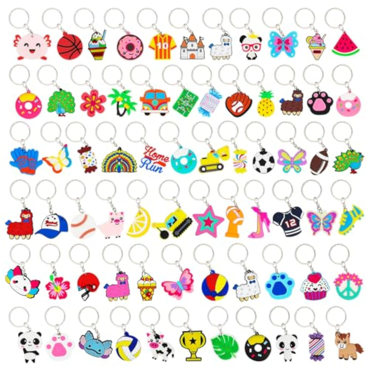 70Pcs Cartoon Keychains Bulk For Kids Party Favors, Backpack Keychains Candy, Donut, Ball, Cartoon Animal Axolotl, Sloth, Hawaii Styles Keychains For School Day, Classroom Prizes, Birthday Party