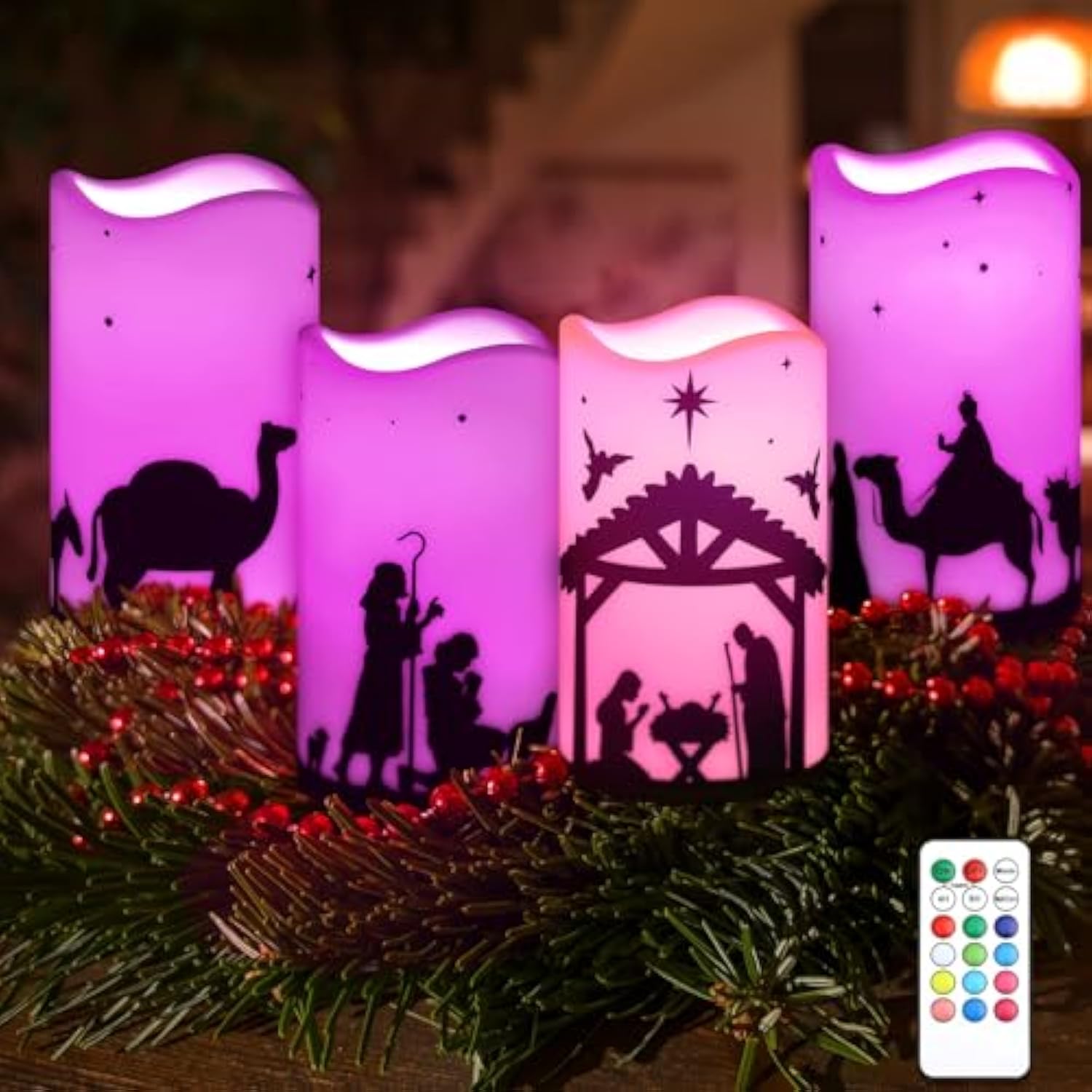 4 Pcs Advent Candles With Timer Battery Operated Led Flameless Christmas Pillar Candles For Church Home Wreath Holiday Decor