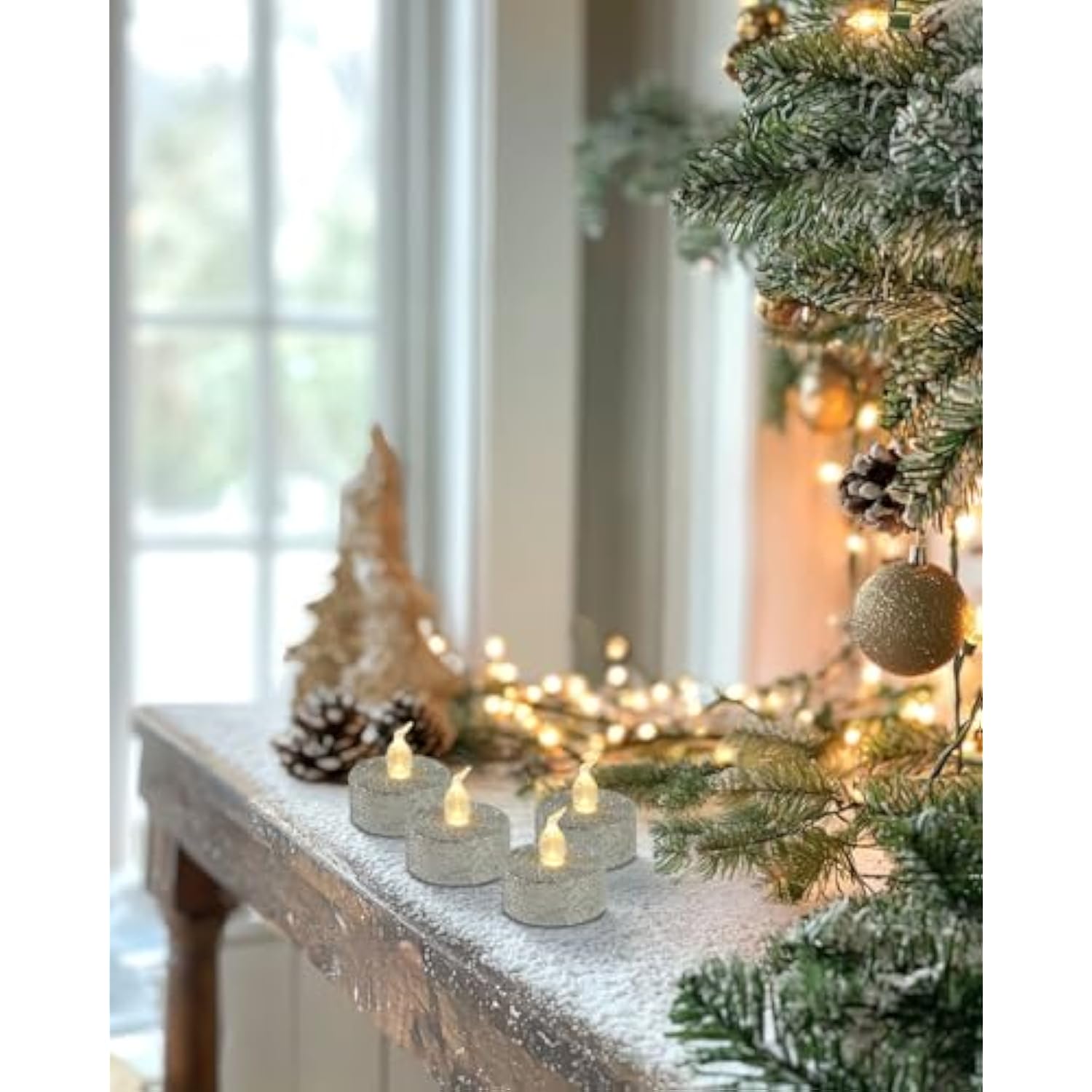 Silver Tea Lights With Timer, Glitter Battery Operated Tealights For Event, Christmas Decorations,Anniversary,Wedding, Built-In 6 Hours,12 Pack