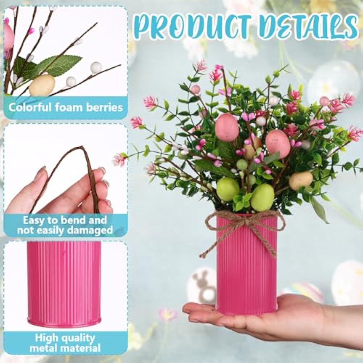 4 Set Easter Table Centerpiece Artificial Easter Egg Picks With High Farmhouse Vase Artificial Easter Flower 4 Metal Pot 8 Easter Spray With Eggs 8 Berries Eucalyptus Flower Plants For Easter Tabletop