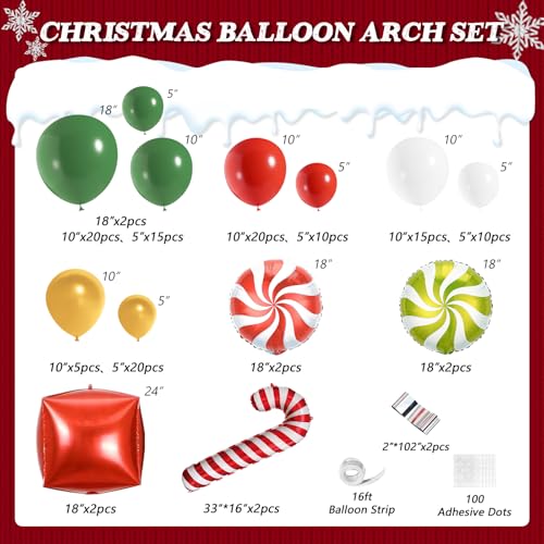 Christmas Balloon Garland Arch Kit, 127Pcs Red Green Gold Balloons with Candy Cane Gift Box Foil Balloons for Friendsmas Christmas Party Decorations