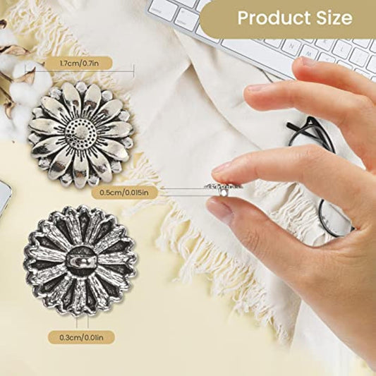 50 Pieces Round Metal Buttons Silver Tone Shank Button Sunflower Carve