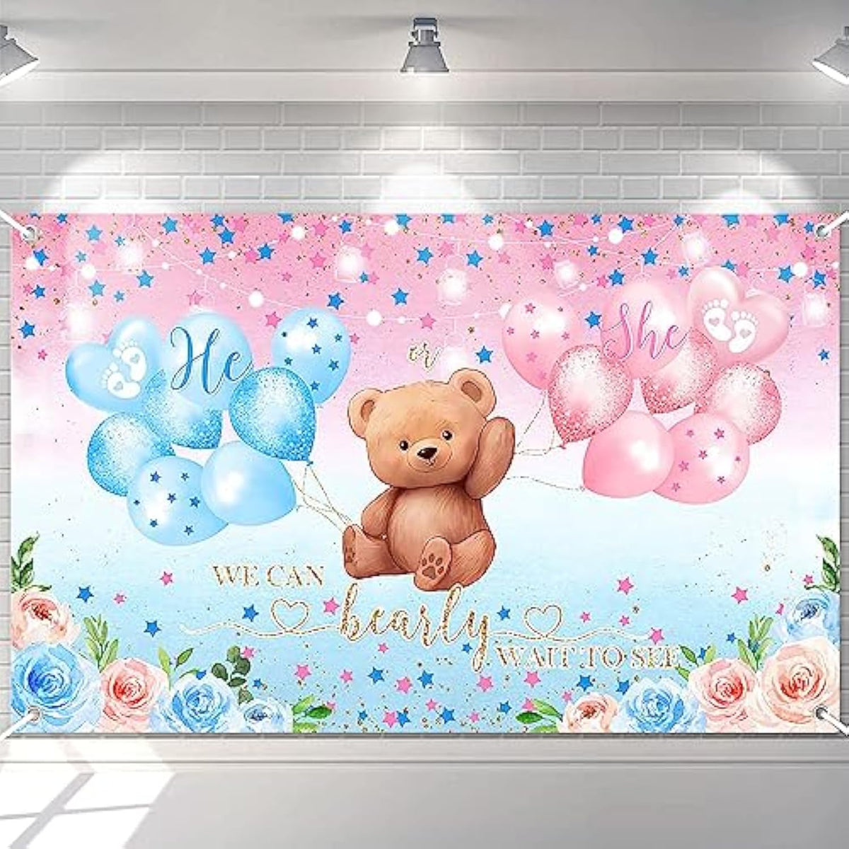 We Can Bearly Wait To See Banner He Or She Gender Reveal Party Supplies Pink And Blue Baby Reveal Party Decorations Bear Theme Backdrop Photo Booth Background 70.8 X 43.3 Inch