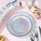 Iridescent Silver Party Supplies Decorations, Holographic Paper Plates And Napkins Set, Disposable Silver Paper Plates Cups Knives Spoons Fork Straw For Disco Bachelorette Birthday Party, Serve 50