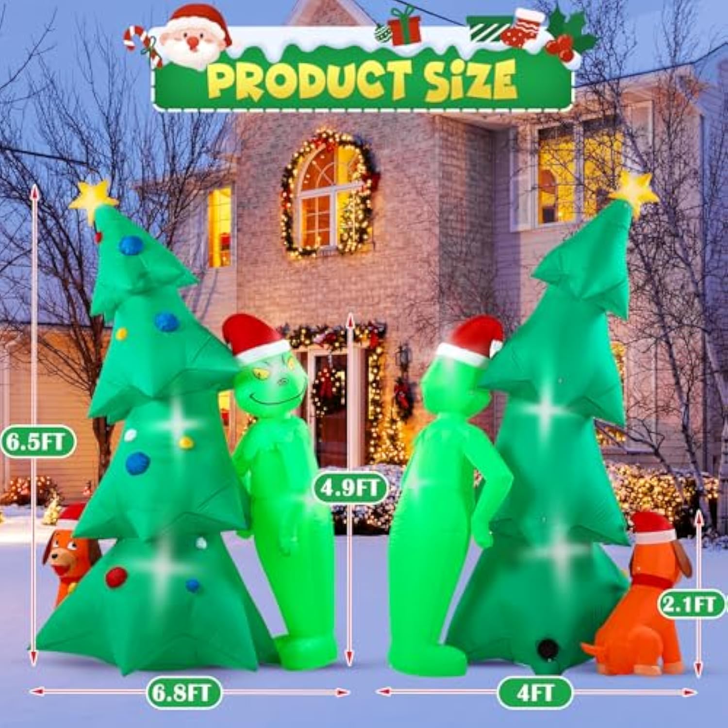 Christmas Green Big Monster Inflatable Decorations, 6.5Ft Lighted Up Christmas Inflatable Outdoor Decorate Build-In 6 Le