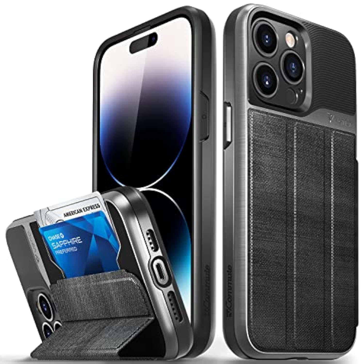 VENA vCommute Wallet Case Compatible with Apple iPhone 14 Pro Max (6.7"-inch), (Military Grade Drop Protection) Flip Leather Cover Card Slot Holder with Kickstand - Black Slate