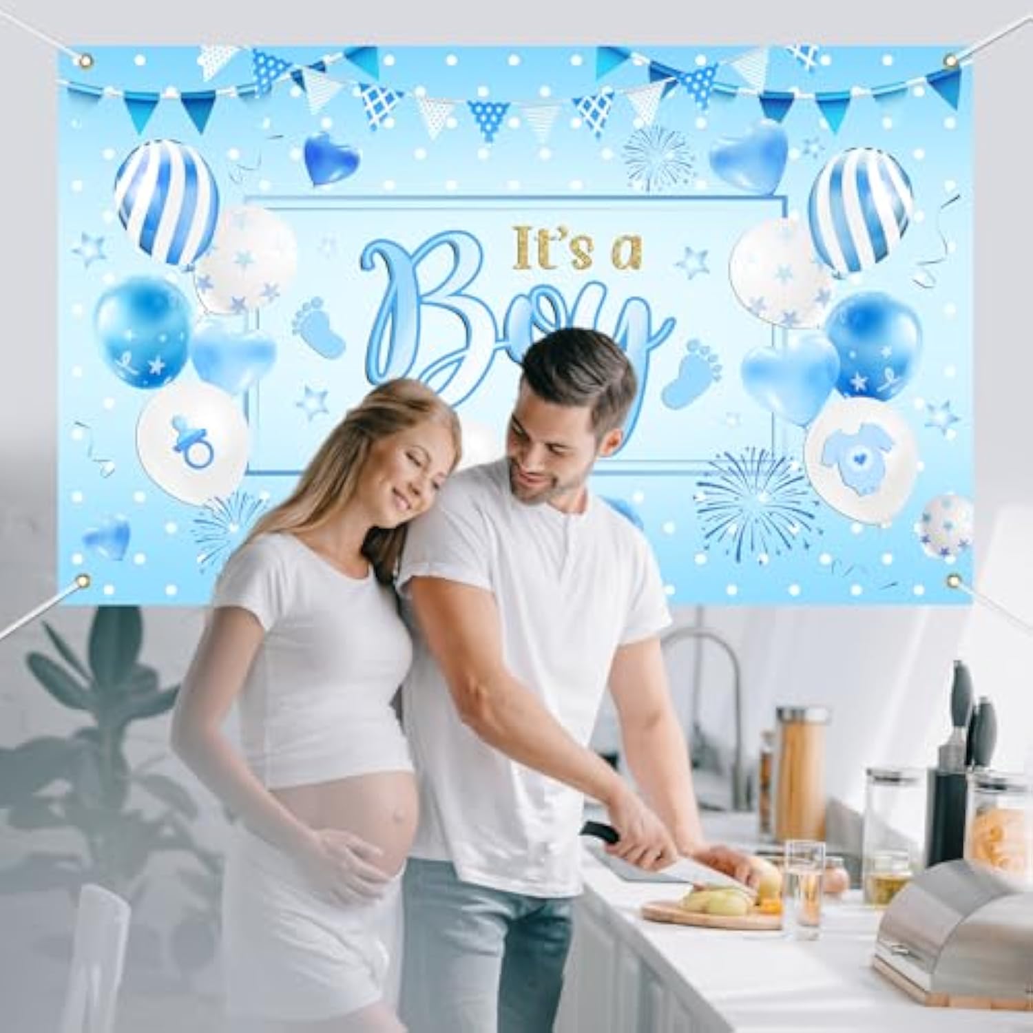 Blue Baby Shower Backdrop It’s a Boy Banner & Balloon Décor 71"x43.5"