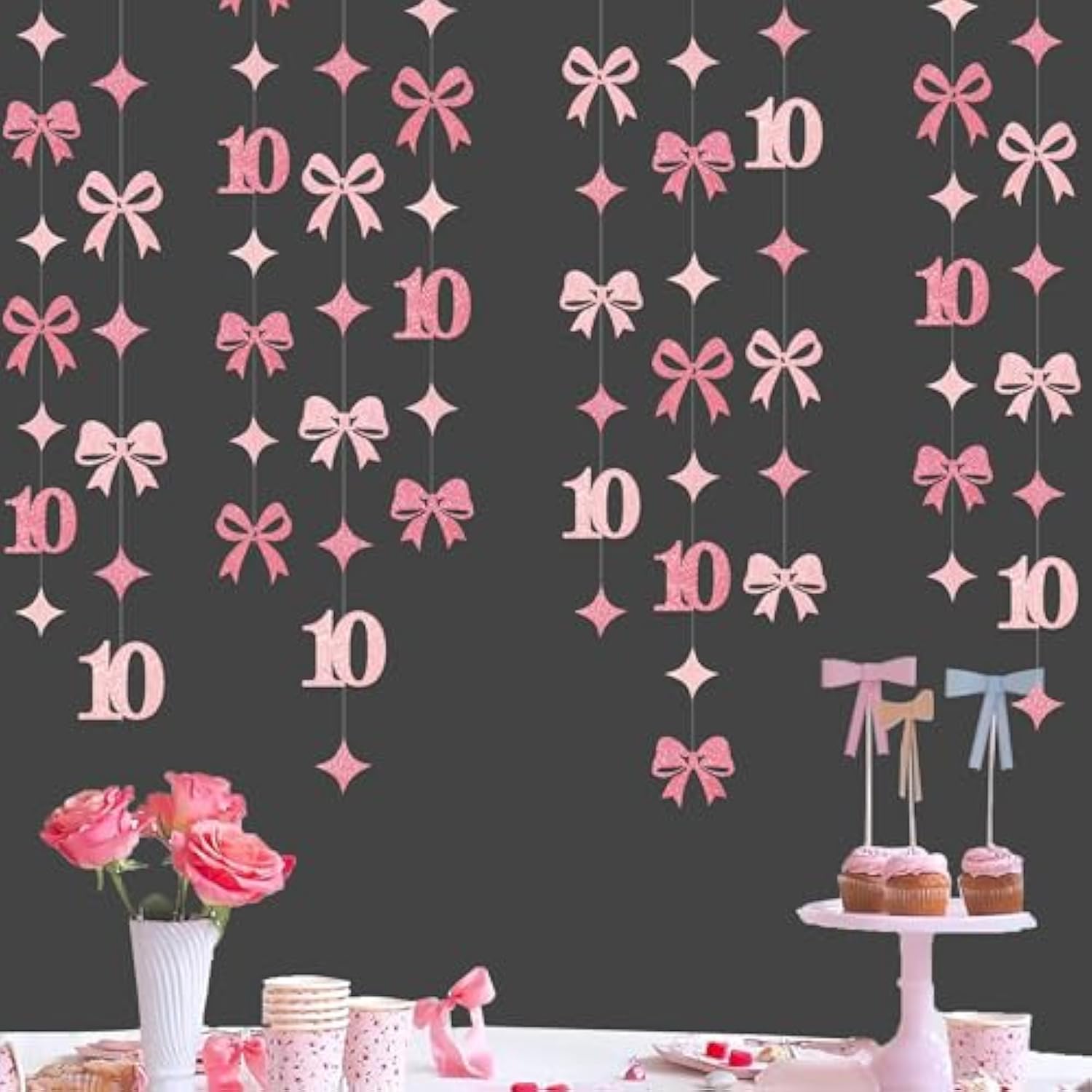 Hot Pink Glitter Bow “Happy 10th Birthday” Banner & Garland Decor for Girls
