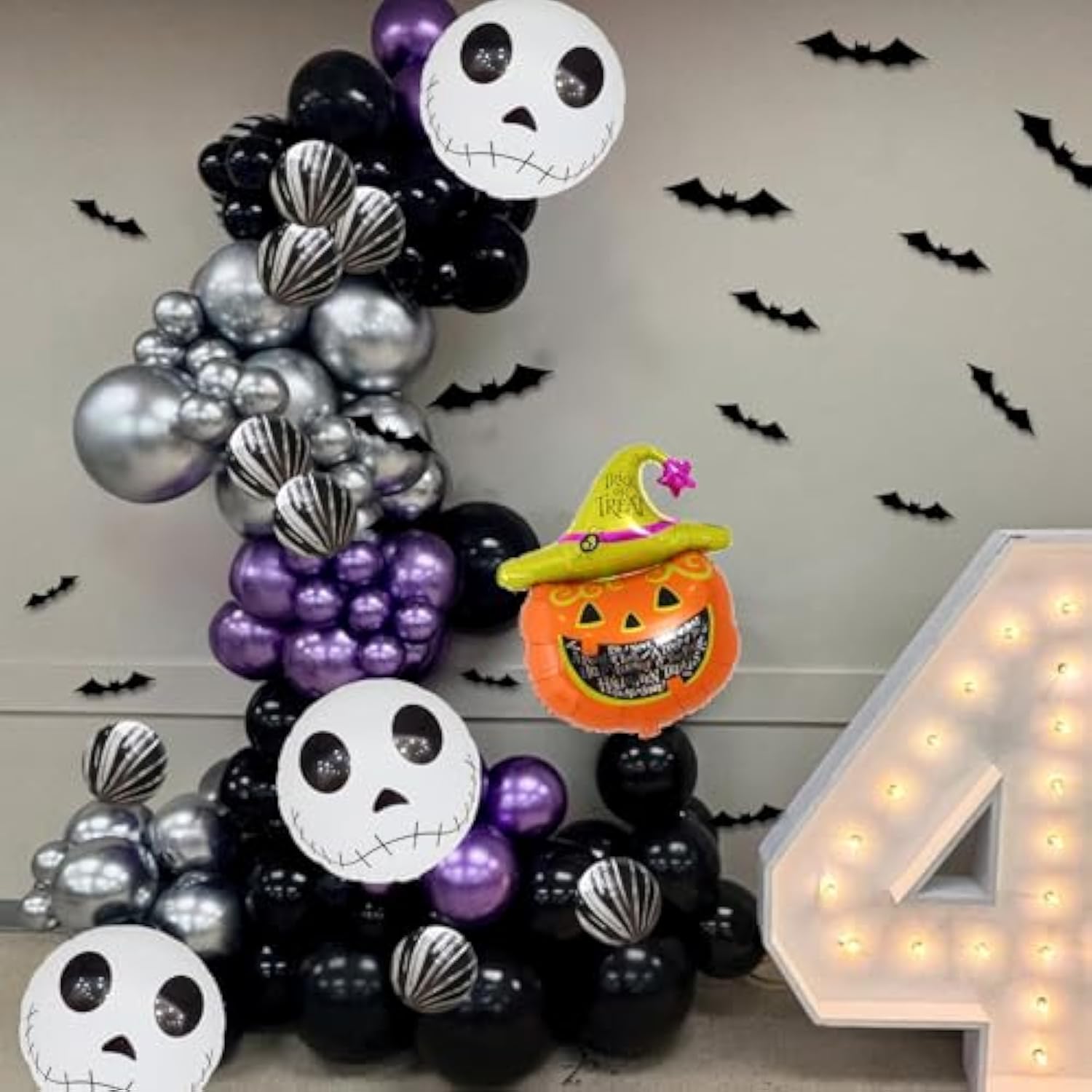 Skull Halloween Balloon Garland Arch Kit 107pcs Purple Black Silver Balloons Pumpkin Bat Decor