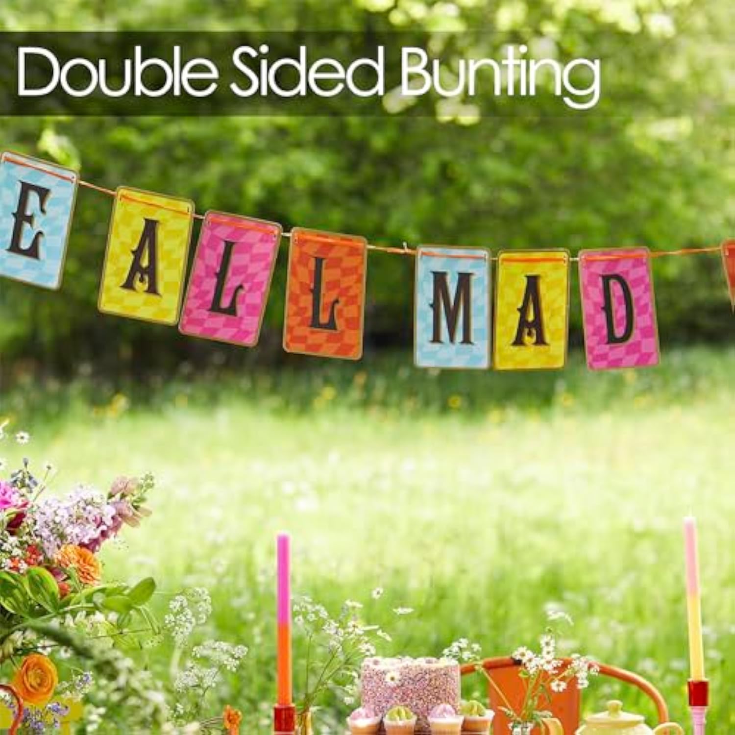 Alice In Wonderland Party Decorations, Reversible Afternoon Tea Mad Hatter Paper Bunting, Double-Sided Garland For Onederland First Birthday Party, Baby Shower | Wedding