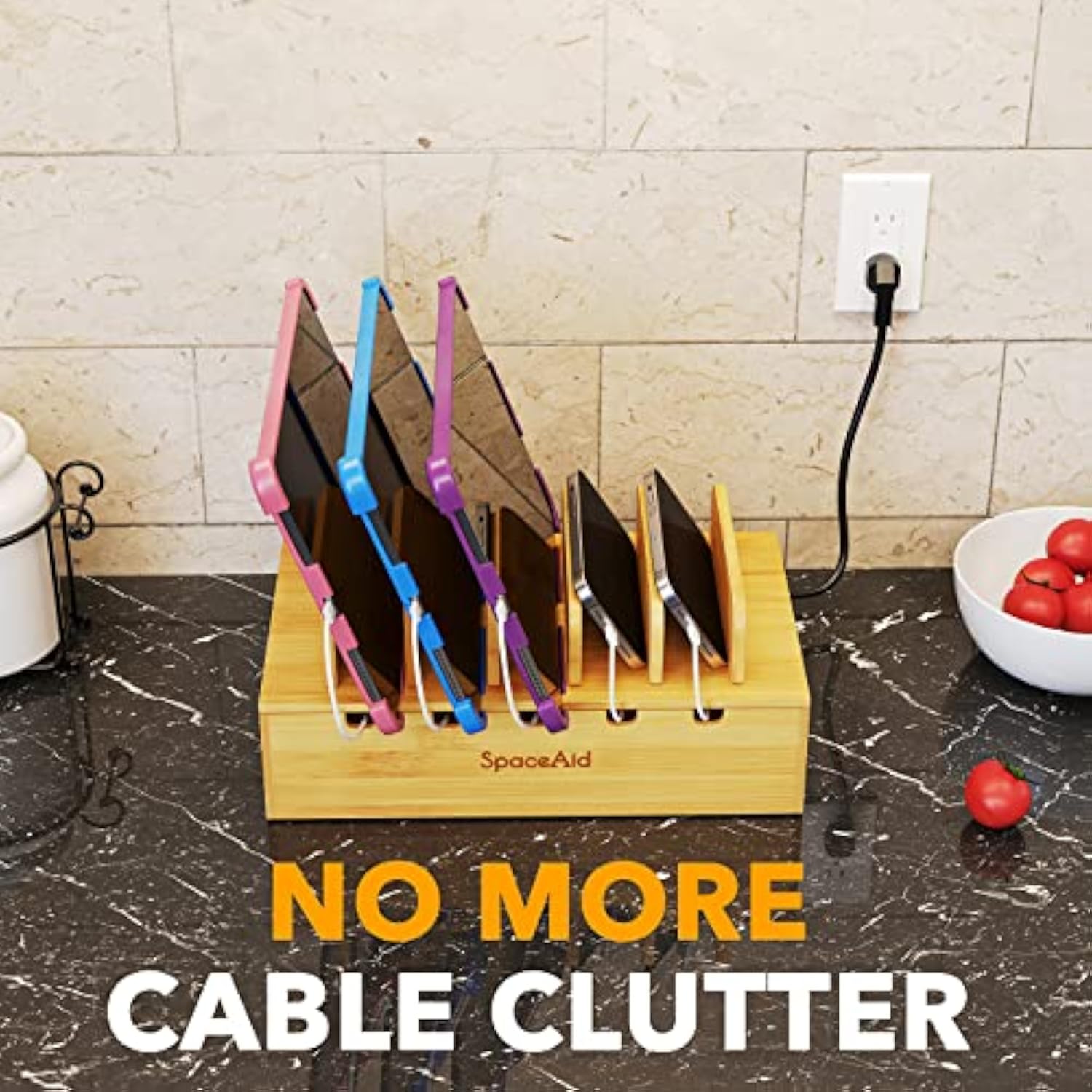 Bamboo Charging Station For Multiple Devices, Cell Phone Docking Stations For Multi Laptop, Tablets And Ipads, Nightstand Bedside Desk Device Charger Organizer (Natural)