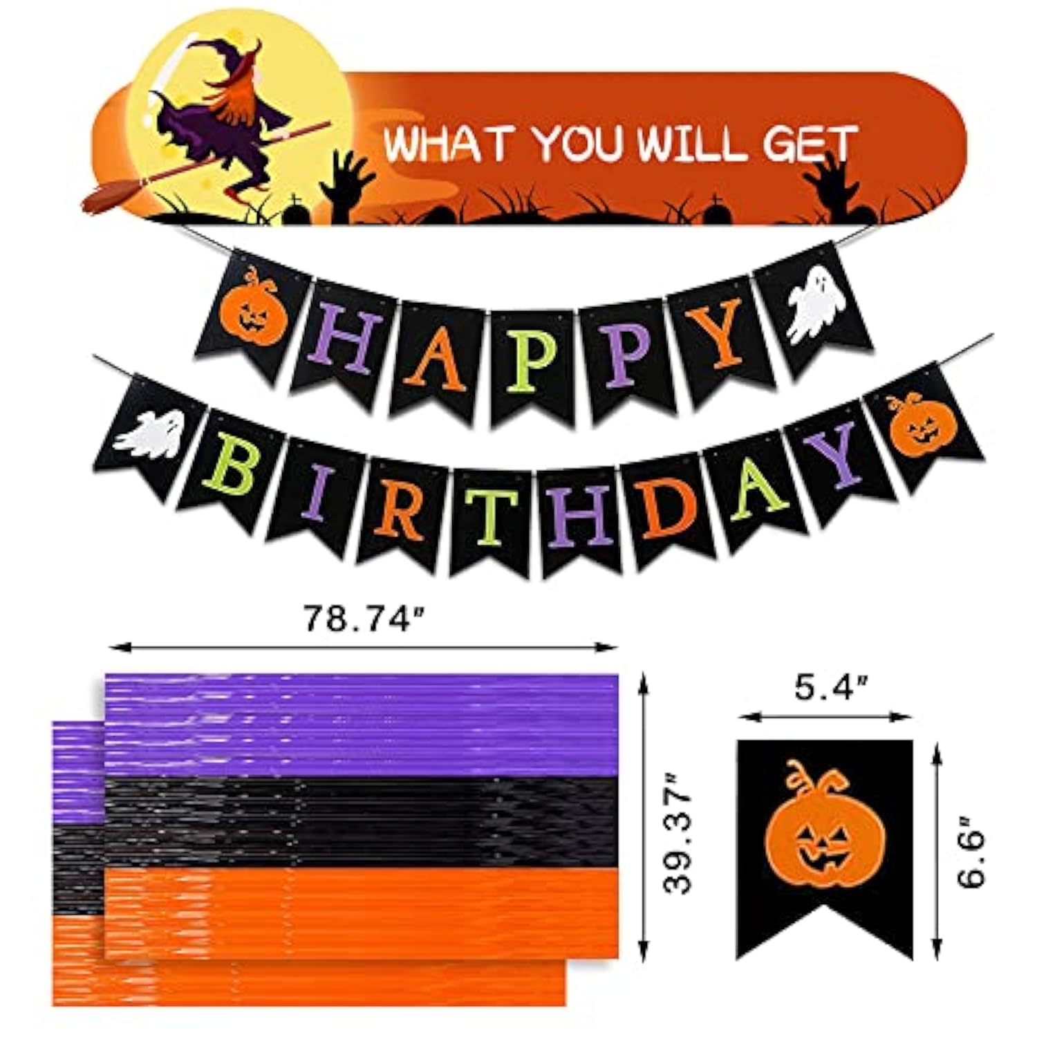 Halloween Birthday Party Decor Set – Includes Banner, Balloons, Cake Topper & Fringe Curtain