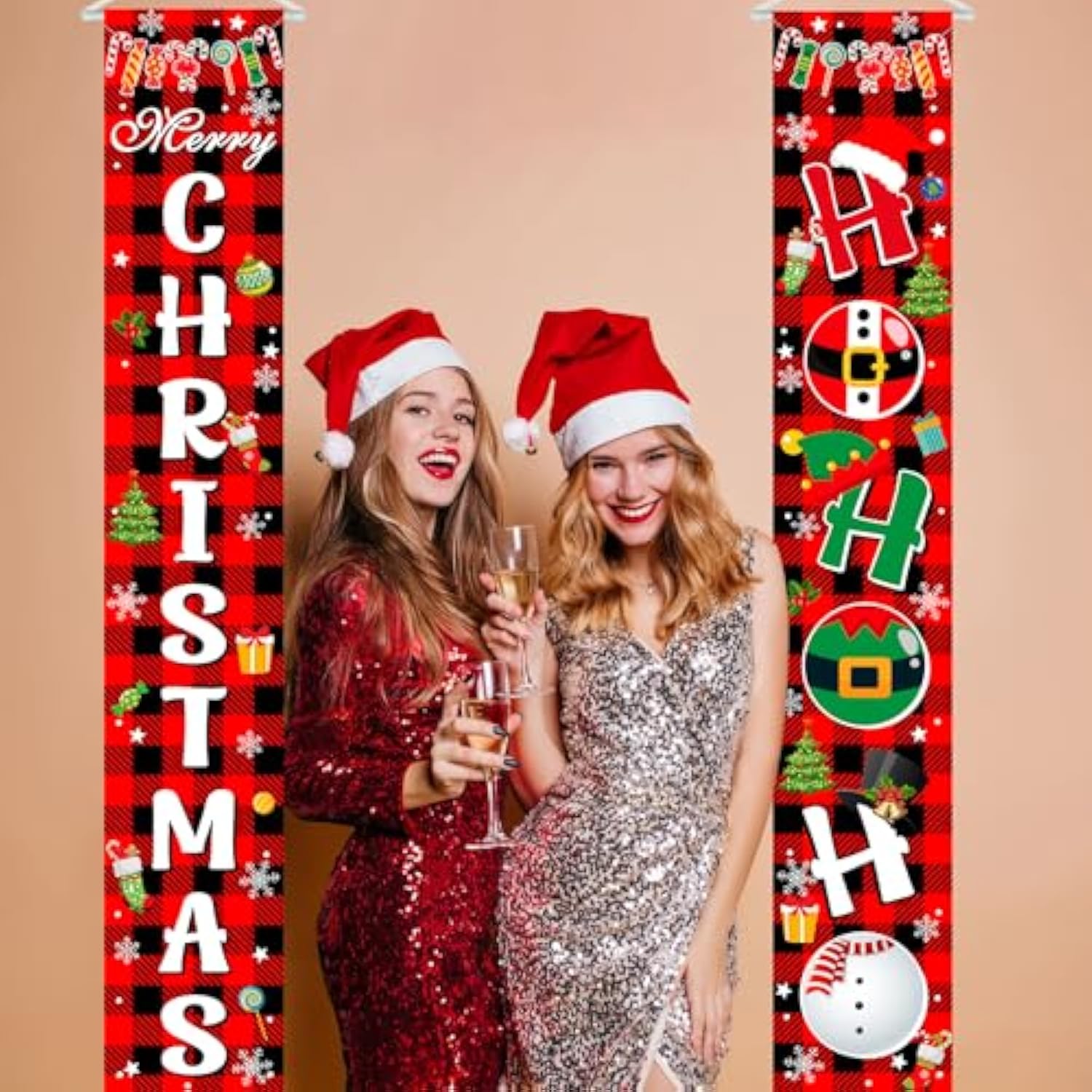 Merry Christmas Front Door Sign Red Buffalo Plaid Christmas Banner - Indoor/Outdoor Decorations