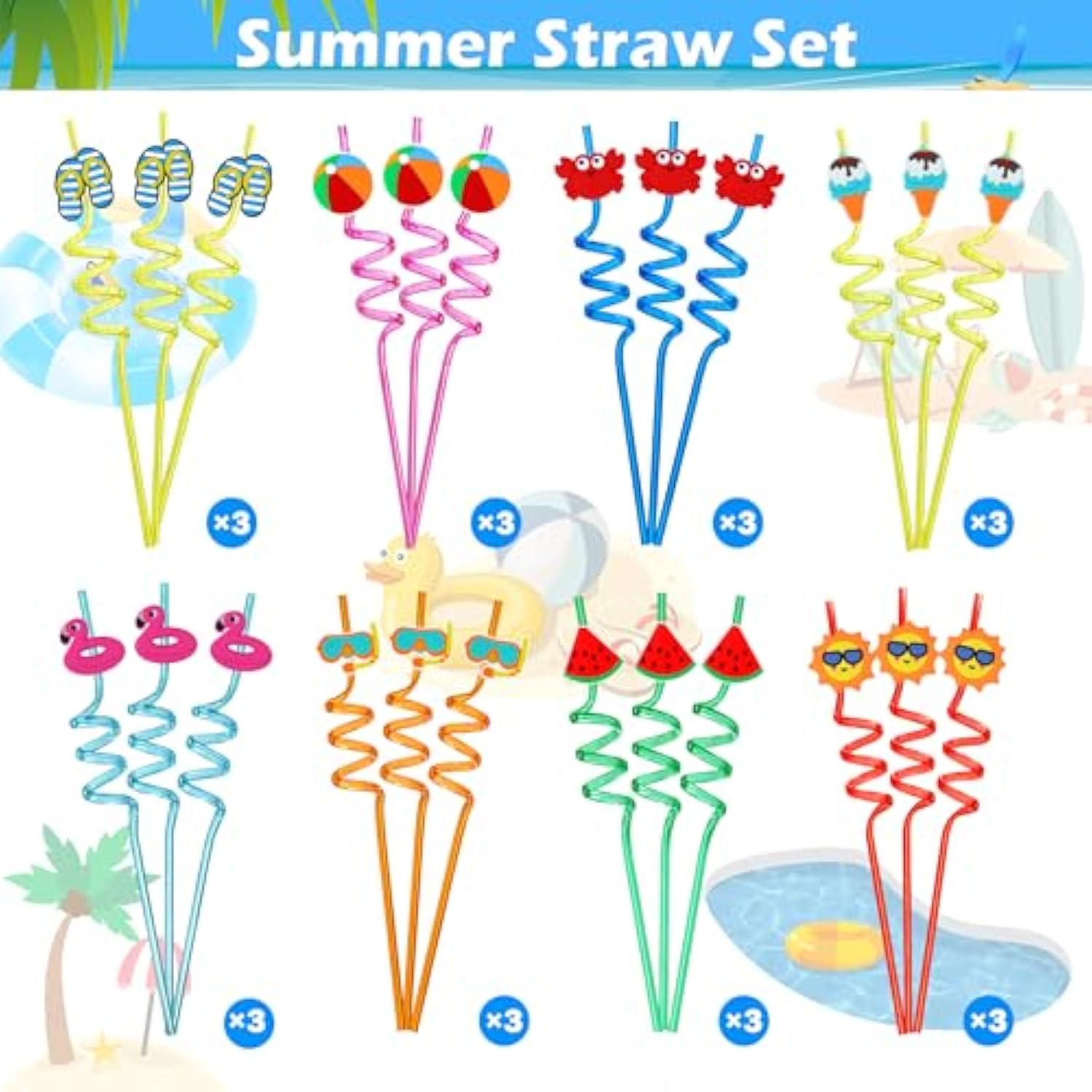 24Pcs Drinking Straws, Pool Party Decorations Supplies Summer Pool Beach Party Favors Crazy Silly Straws For Kids Hawaiian Birthday Goodie Bag Stuffers End Of Year Student Gifts Bulk Prizes For Kids