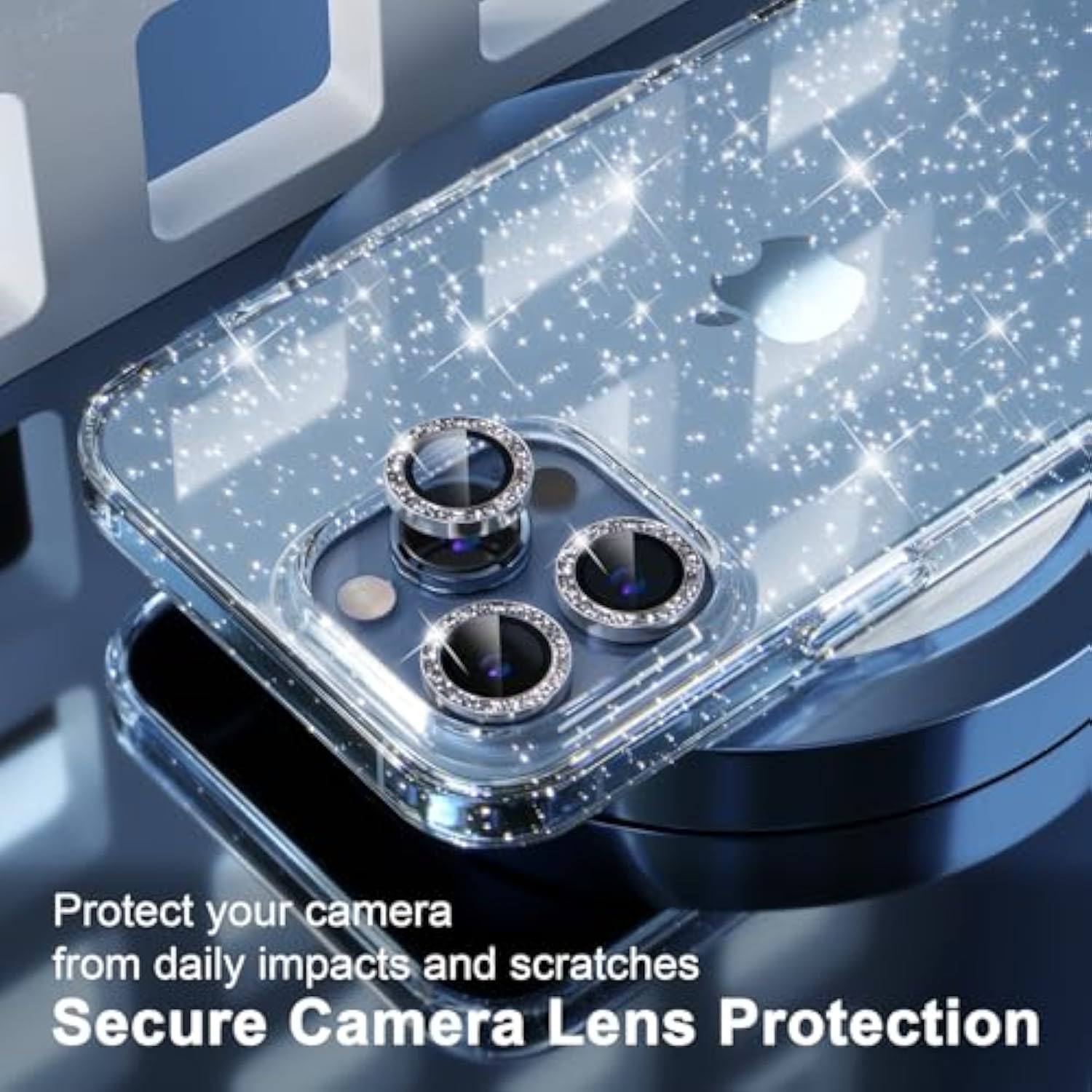 Compatible Iphone 13 Pro Max Case Cute, Women Clear Glitter Bling Sparkly Case, [3 X Diamond Camera Lens Protectors] [Non-Yellowing Shockproof Protective Cover] 6.7-Inch (Glitter Clear)
