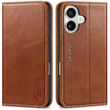 SHIELDON Case for iPhone 16 5G 6.1", Genuine Leather Wallet Flip Magnetic Closure Cover RFID Blocking Credit Card Holder Kickstand TPU Shockproof Case Compatible with iPhone 16 2024 - Retro Brown