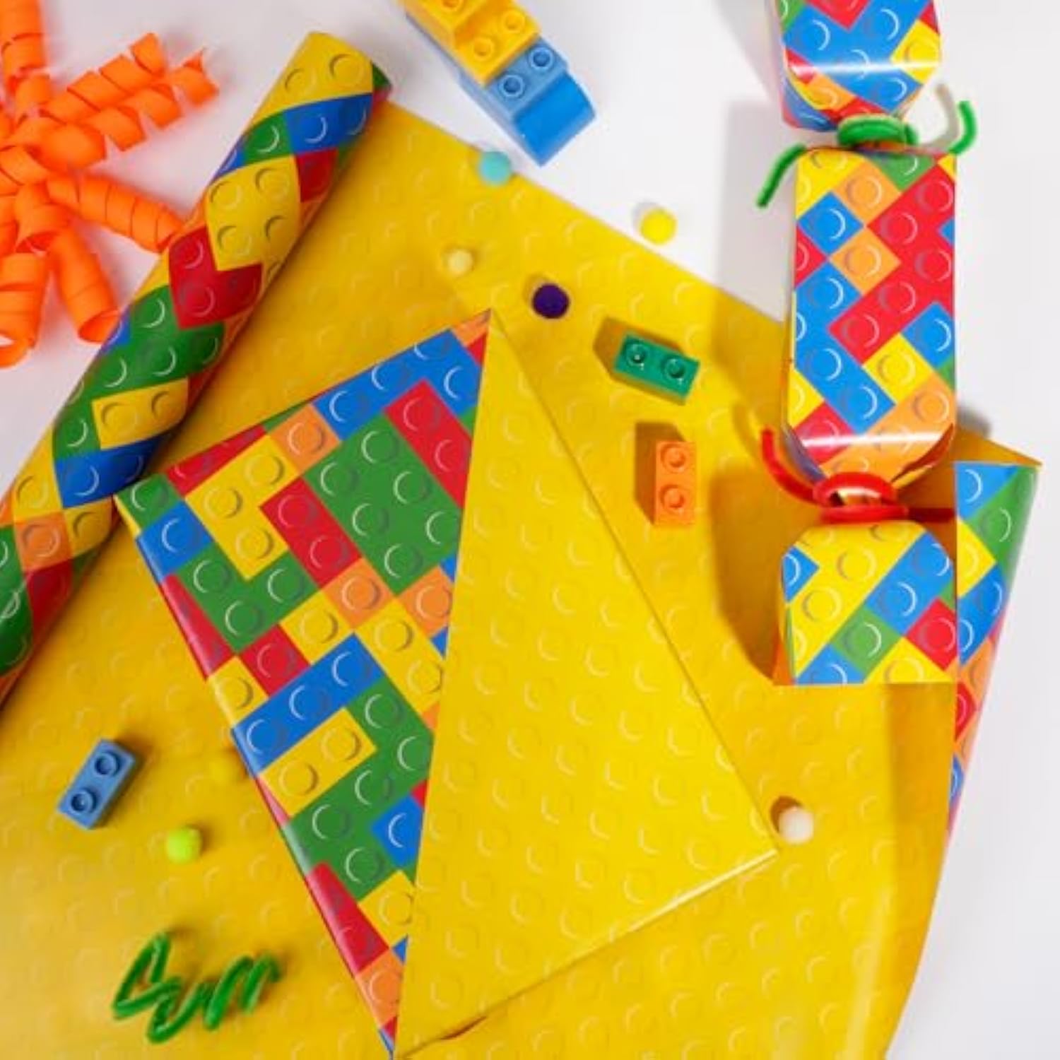 Reversible Building Blocks Wrapping Paper For Boys Girls - 17 Inch X 33 Ft - Colorful Building Bricks Design Gift Wrap Paper For Kids Birthday Party Toy Lovers