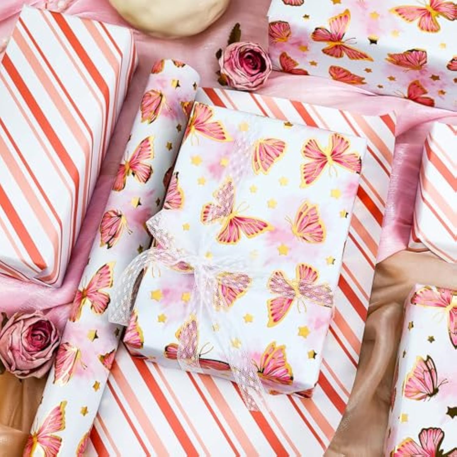 Girl Wrapping Paper Roll, 17In X 33Feet Gold Foil Butterfly Pink Gift Wrap For Baby Shower, Women, Wedding, Bridal Shower