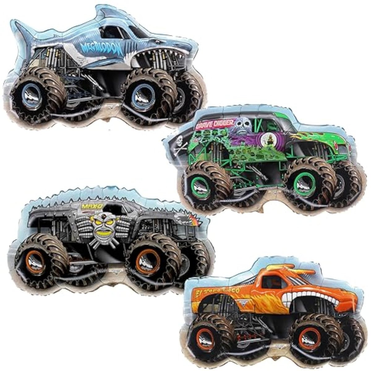 4 Pack Monster Jam Truck Foil Balloons Grave Digger, El Toro Loco, Max D & Megalodon