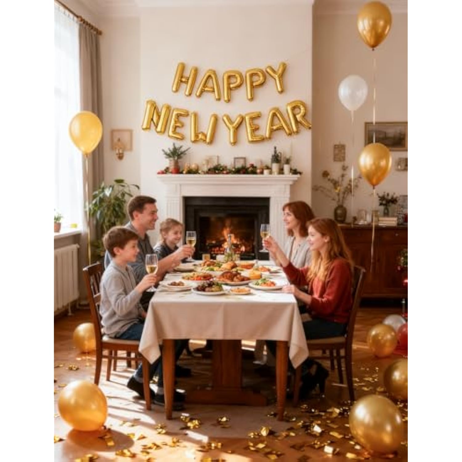 16in Gold Happy New Year Foil Balloon with Straw and Ribbon for NYE Decor