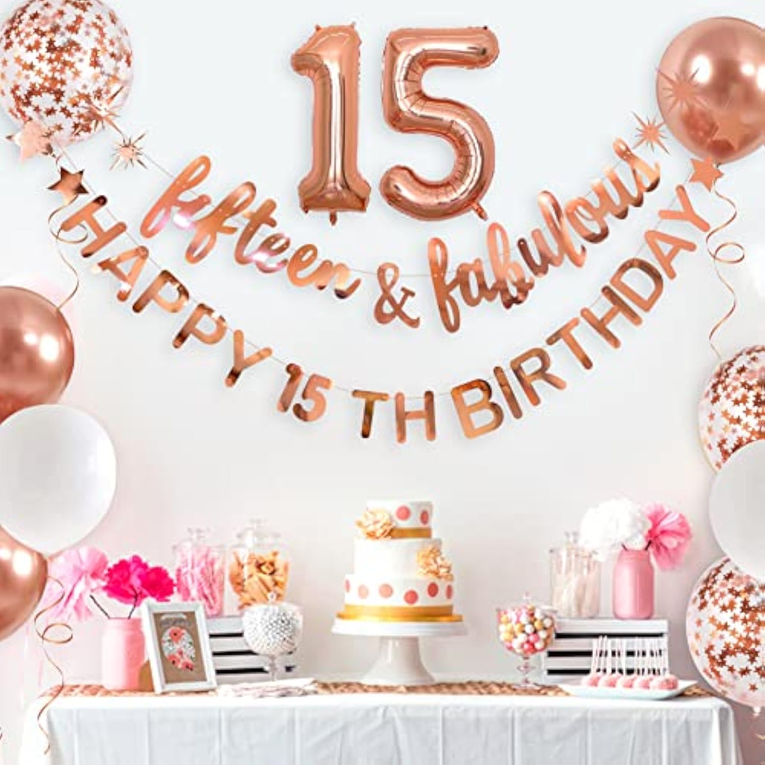 Rose Gold Fifteen & Fabulous Happy 15Th Birthday Banner Garland Foil Balloon 15 For Girls 15Th Birthday Decorations Hanging 15 And Fabulous Cheers To 15 Years Old Birthday Party Supplies Backdrop