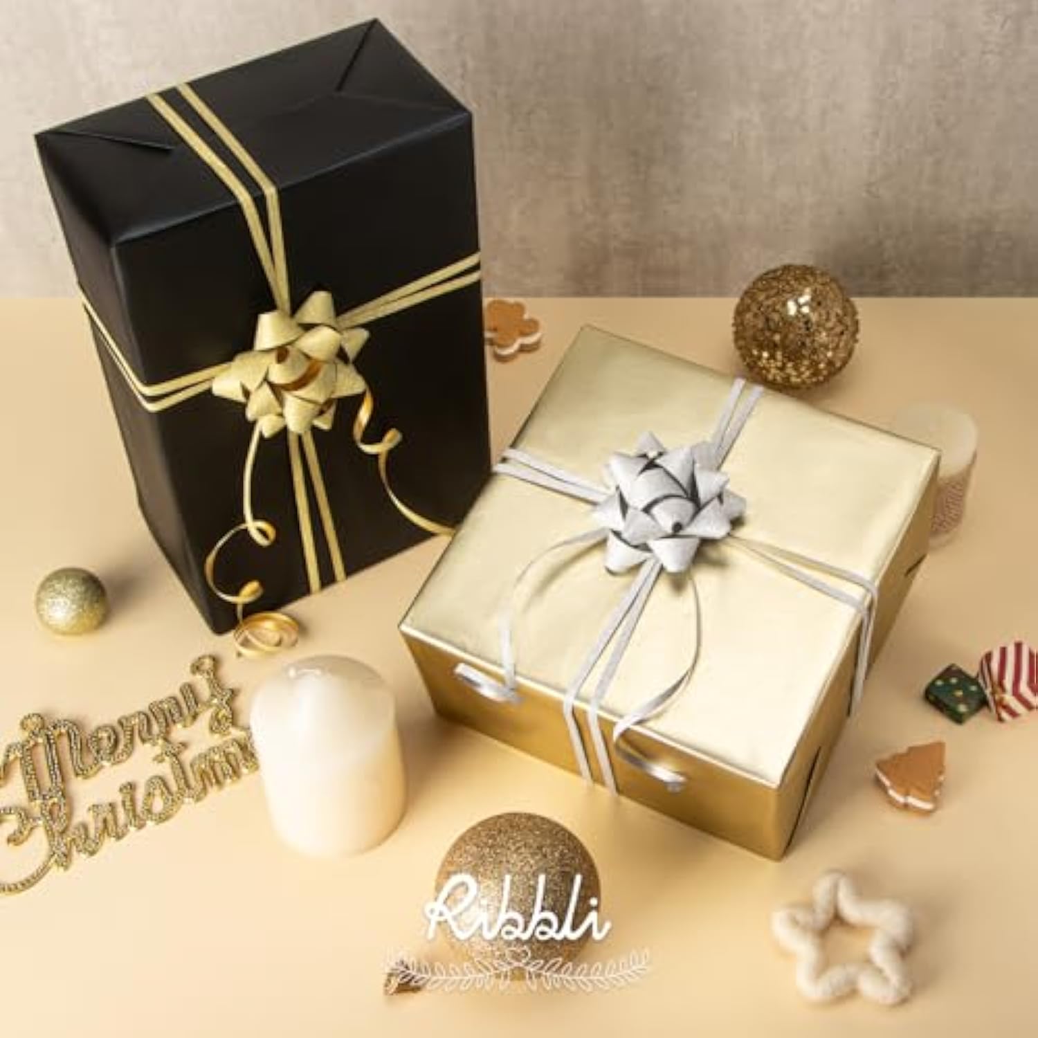 Father'S Day Wrapping Paper Set, 2 Rolls Black And Gold Metallic Matte Solid Color Paper With Curling Ribbon And Gift Bow For Birthday Christmas, Mini Roll 17 Inch X 197 Inch(16 Feet) Per Roll