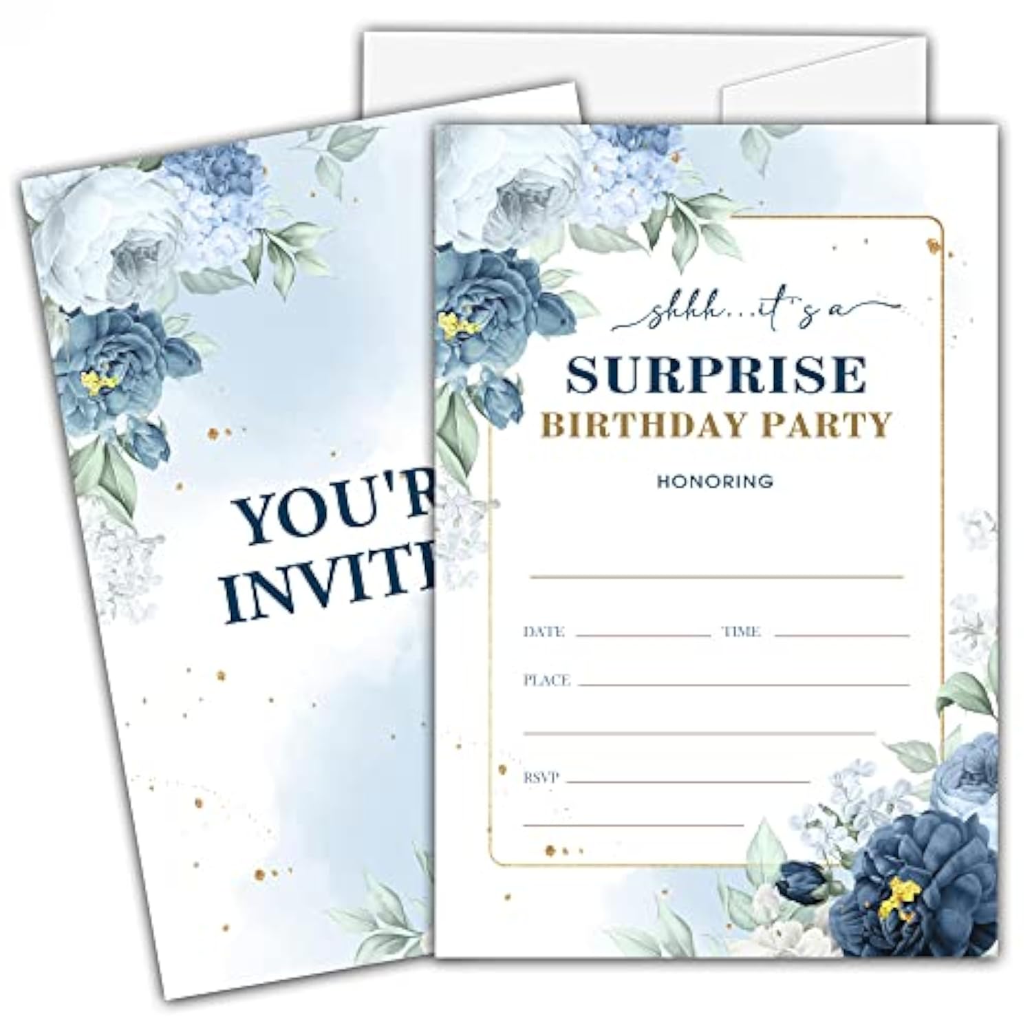 Shhh It'S A Surprise Birthday Invitations For Kids, Blue Floral Birthday Party Invitation Cards, Gold Foil Party Celebration Supplies Decoration -20 Fill In Invitations With Envelopes (B13)