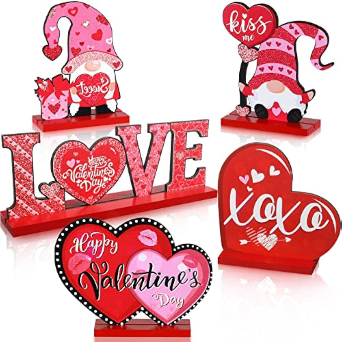 5 Pcs Valentine'S Day Wooden Table Sign Decoration Freestanding Table Centerpiece Sign Romantic Love Heart Shape Home Decor Tiered Tray Wood Gnome Valentines Day Accessories(Red)