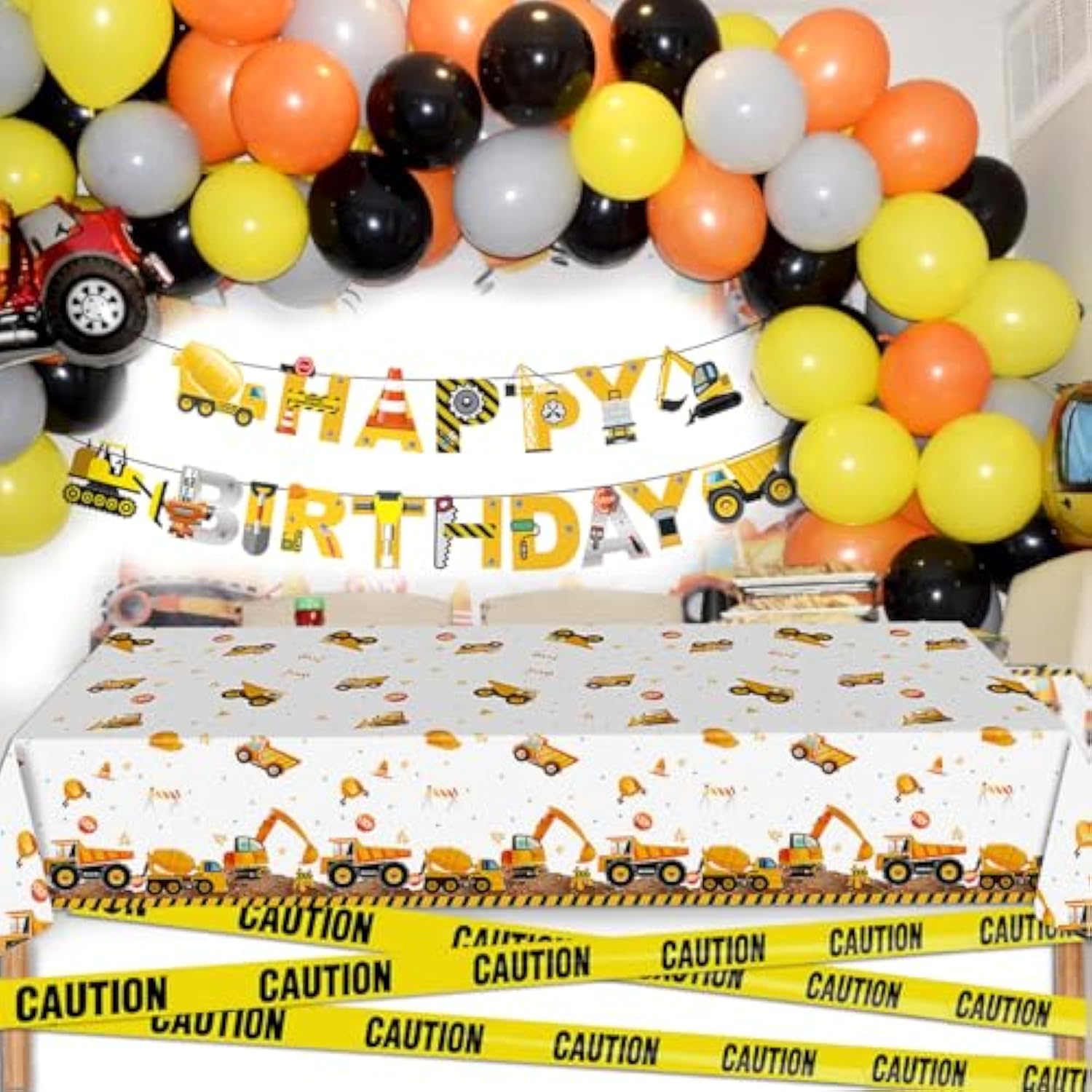 Construction Birthday Party Decorations - Construction Balloon Arch Kit,12 Wall Decor Sign,Yellow Caution Tape,4 Mini Construction Vehicle,Tattoos,Banner,Tablecloth,Cake Topper,For Kids Birthday Party
