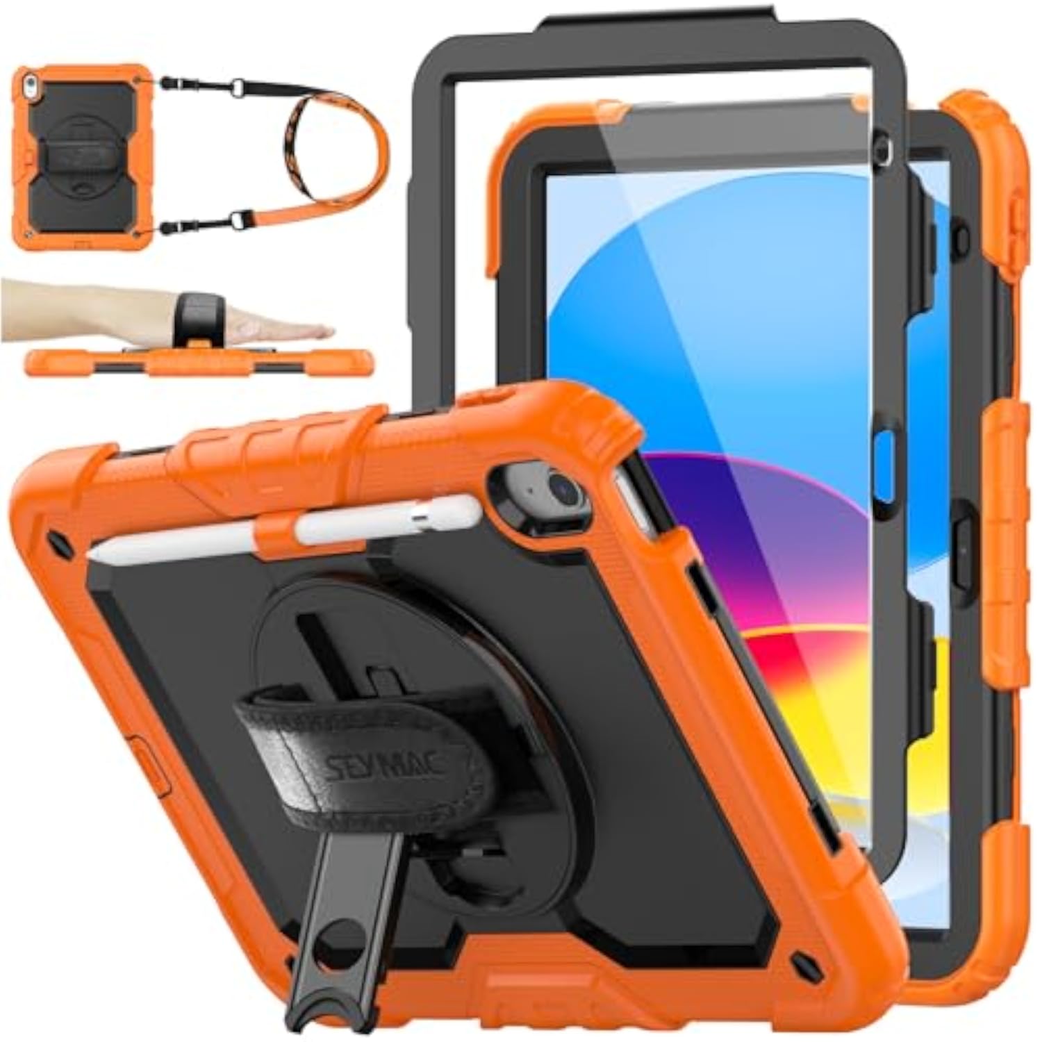 Full-Body Drop Protection Case for iPad 11th/10th Generation 11''/10.9'' 2025/2022, Includes Screen Protector and 360° Rotate Hand Strap/Stand, Black and Orange