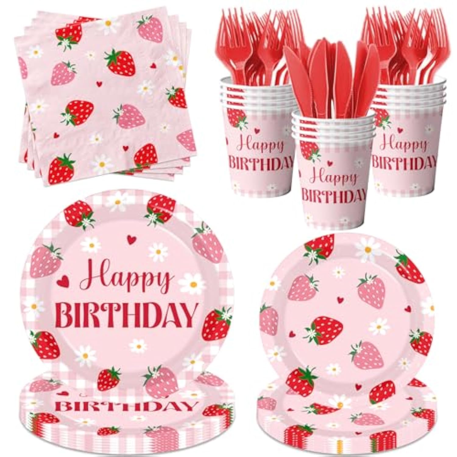 Strawberry Birthday Decorations For Girls, Berry First Birthday Plates And Napkins With Cups Forks And Knives Berry First Birthdays Decor Strawberry Party Decorations For Fruit Theme Party, Serve 24