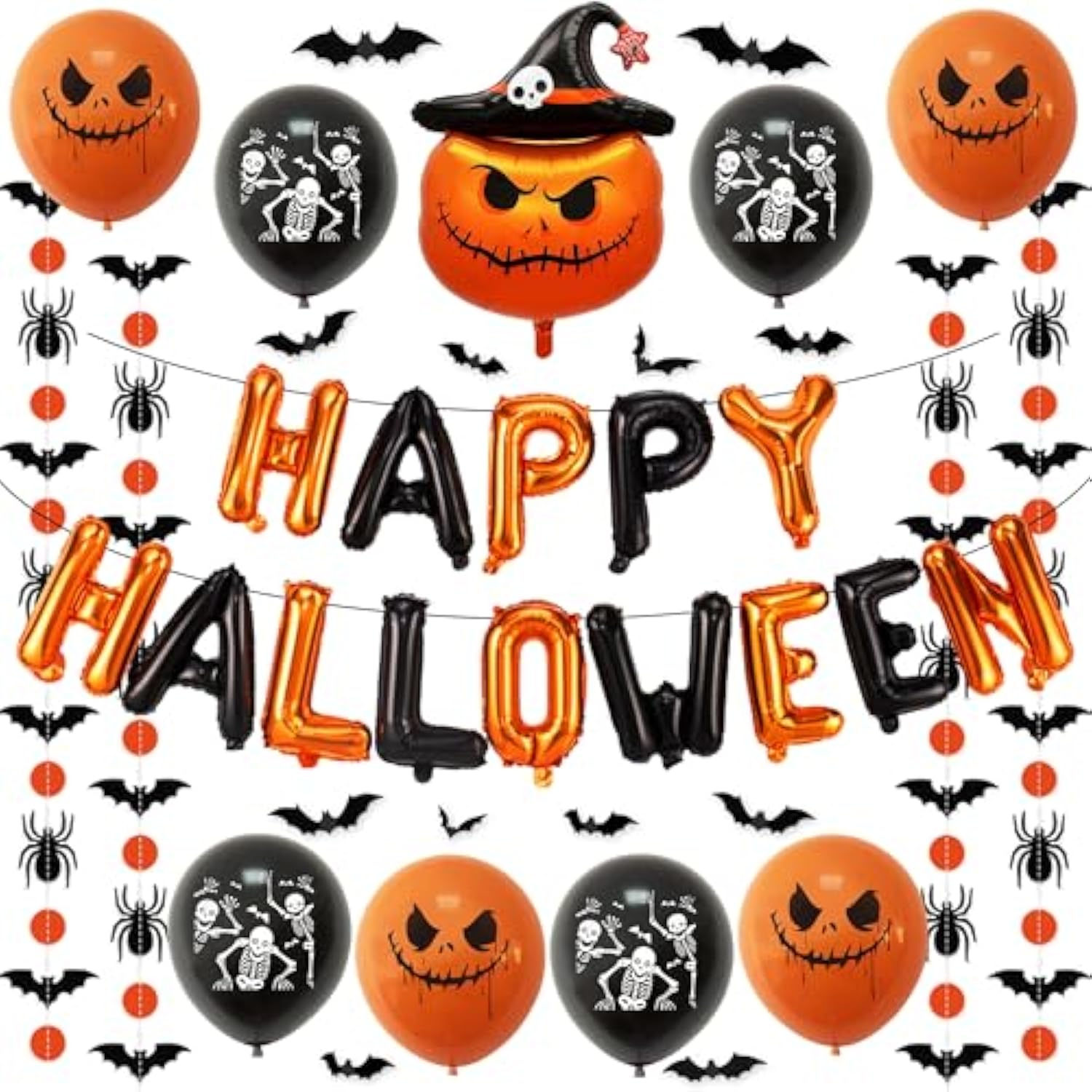 Halloween Balloon Decoration Set - Happy Hallowmas Foils, Skeleton, Spider & Bat Party Décor