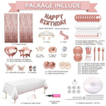 285 Pcs Rose Gold Party Decorations, Birthday Decorations For Women Or Girl - Knives, Forks And Spoons, Tiara, Butterfly, Sash, Paper Pom Poms, Balloon Stand, Tableware For 25 Guests